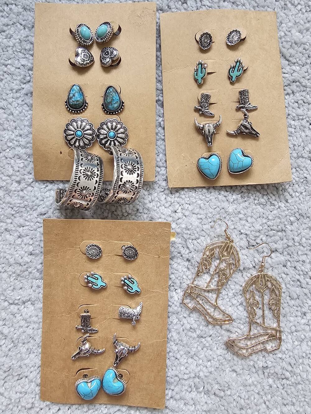 Jewelry lot western ranchwear silver dangle stud hoops faux turquoise cowboy - Picture 3 of 3